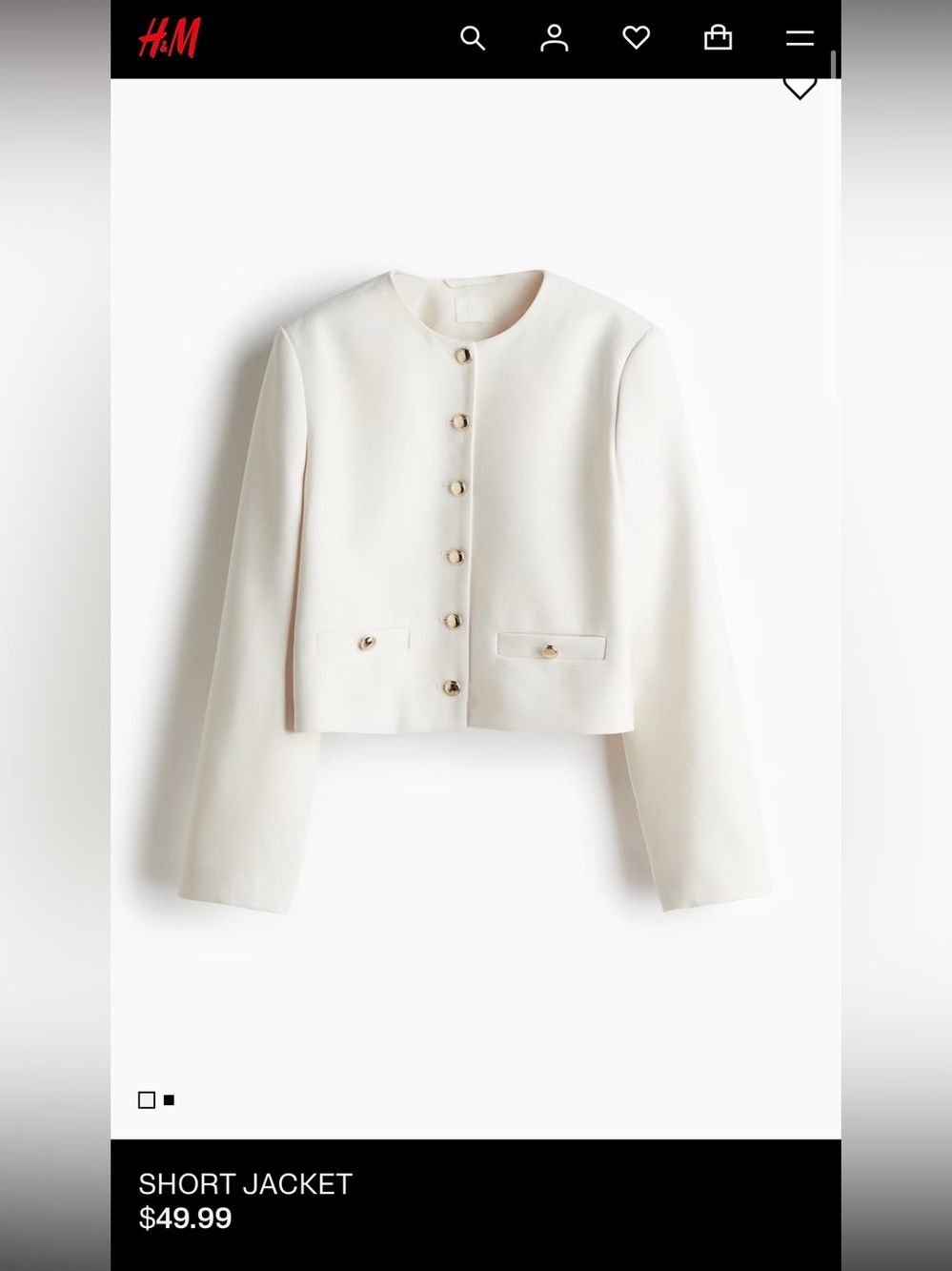 H&M Cream Collarless Short Jacket with Gold Buttons